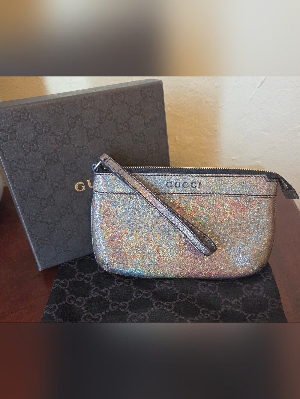 Gucci Iridescent Crackle Salmon Wristlet Clutch